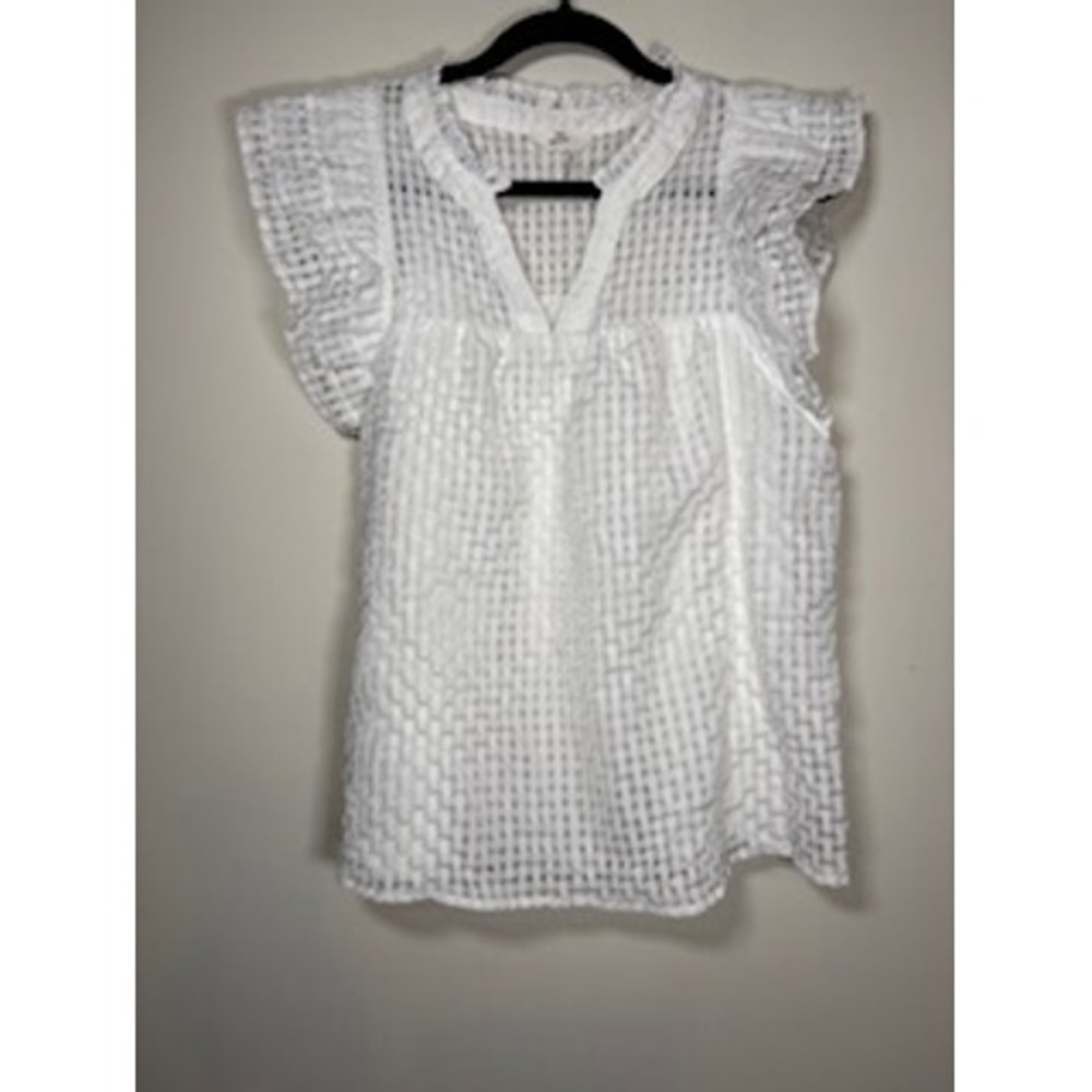 ENTRO Textured Ruffle Cap Sleeve Blouse Size Large White V-Neck Boho Cottagecore